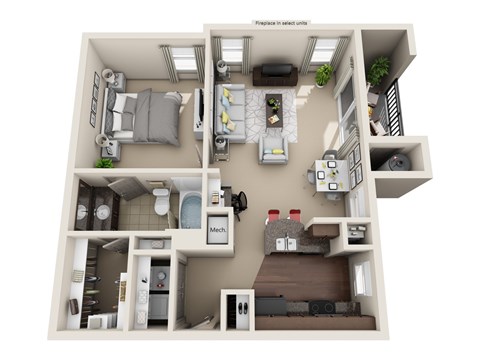 A 3D floor plan of a small apartment with a kitchen, living room, and bedrooms.